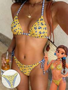 Swim Mod 3件套女士碎花吊带比基尼套装+沙滩裙，甜美度假成熟复古浪漫优雅风格，夏季海滩泳池派对 - 黃色 - 查看 1