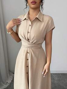 Elenzga 女士春夏优雅休闲卡其色蝴蝶结腰带修身单排扣立领短袖衬衫裙 - 卡其色 - 查看 3