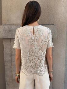 SHEIN Clasi Blusa de encaje de lujo y delicada para mujer, elegante para fiestas, salidas y temporada de bodas, primavera/verano - Gris - Ver 2