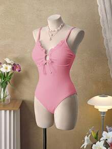 Swim Mod Áo tắm liền thân nữ lãng mạn, thích hợp cho buổi trà chiều, màu hồng nhạt tươi mát, chất liệu cacao, có nơ điều chỉnh được. - Hồng - Xem 5