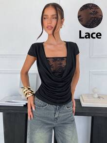 Siren Gaze 春夏新款蕾丝拼接荷叶边领T恤，女士优雅黑色弹力修身褶裥收腰显瘦上衣 - 黑色 - 查看 6