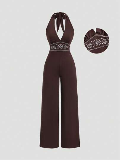 Sweetra Nieuwe, hippie-achtige, geborduurde vintage casual/werkjumpsuit met halternek in bruin voor dames, lente/zomer