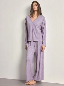 Ocili Minimalist Comfortable Collarless Soft Pajama Set For Women - Mauve Purple - View 7