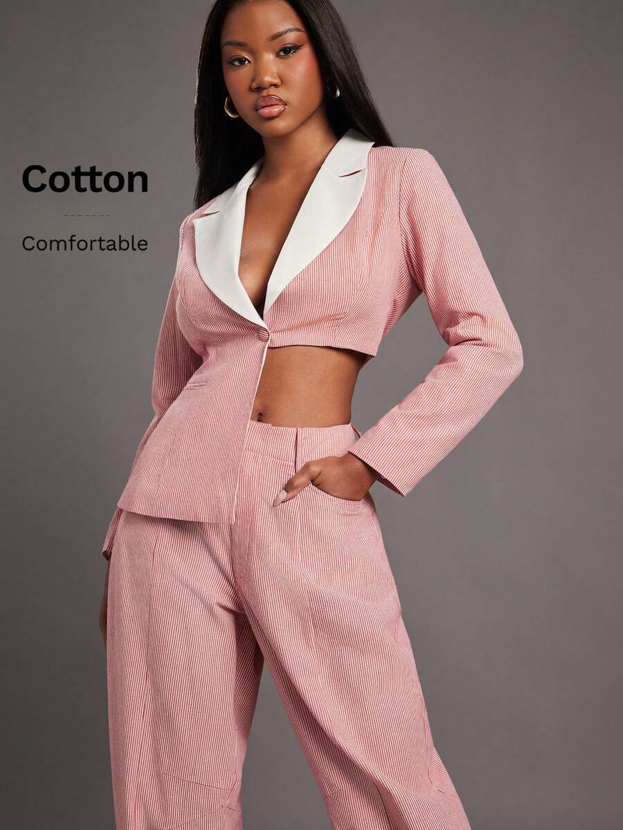 NYA SZN 配套套装（上衣和裤子）上衣长袖西装外套高低摆垂褶领口裤子高腰宽松筒裤细条纹商务休闲奢华优雅女装 - 紅白色 - 查看 1