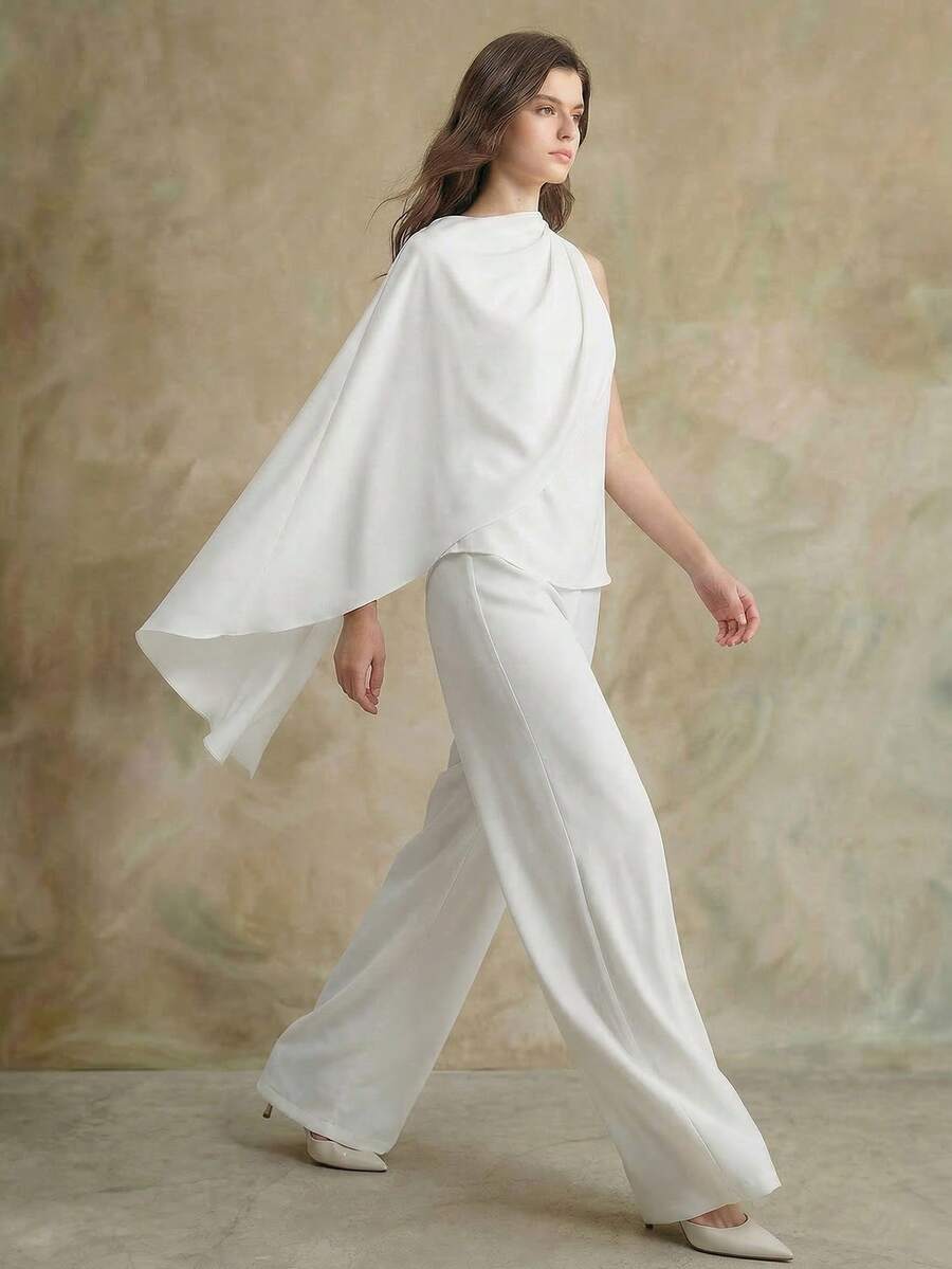 Ontre 2026春夏女士不对称上衣和阔腿裤两件套，梭织面料，不对称设计，纯白色，百搭，适合都市、通勤、婚礼宾客、度假、浪漫、优雅、教师节、下午茶、派对、休闲日常穿着 - 白色 - 查看 1