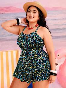 Swim Mod Plus Size Ditsy Floral Tankini Swimsuit Set, Adjustable Shoulder Strap, Suitable For Vacation, Beach, Pool - Multicolor - View 3