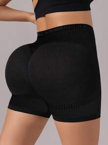 Rhythm Era Pantalones cortos deportivos sin costuras con patrón de líneas negras para tallas grandes - Negro - Ver 4