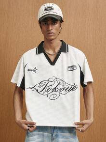 TOKVUE Men's Personalized Fashion Letter Print Raglan Sleeve Polo Shirt - White - View 1