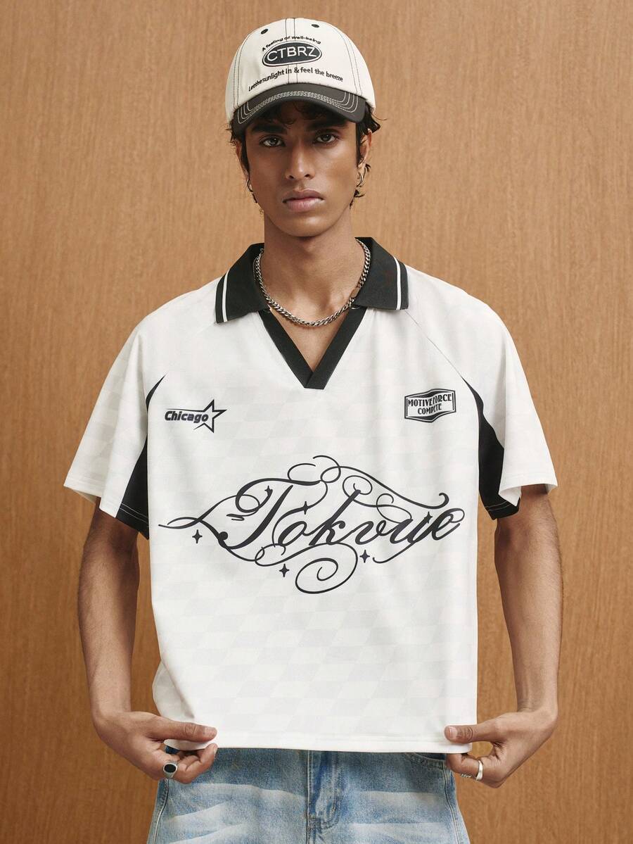 TOKVUE Men's Personalized Fashion Letter Print Raglan Sleeve Polo Shirt - White - View 1