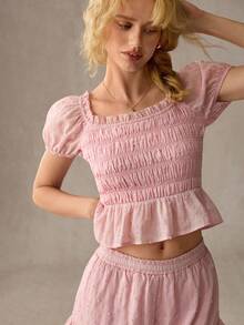 WESTFADE Soft Pink Women's Cottage Core Summer Two Piece Matching Sets,Smocked Neck Puff Sleeve Peplum Top & Tiered Ruffle Shorts,Picnic Boho Western Outfits - Pink - View 5