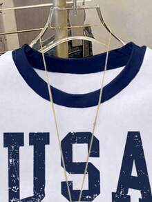 Teen Girl Cropped Round Neck Short Sleeve T-Shirt, Retro USA Flag Print, Suitable For Summer - Multicolor - View 4