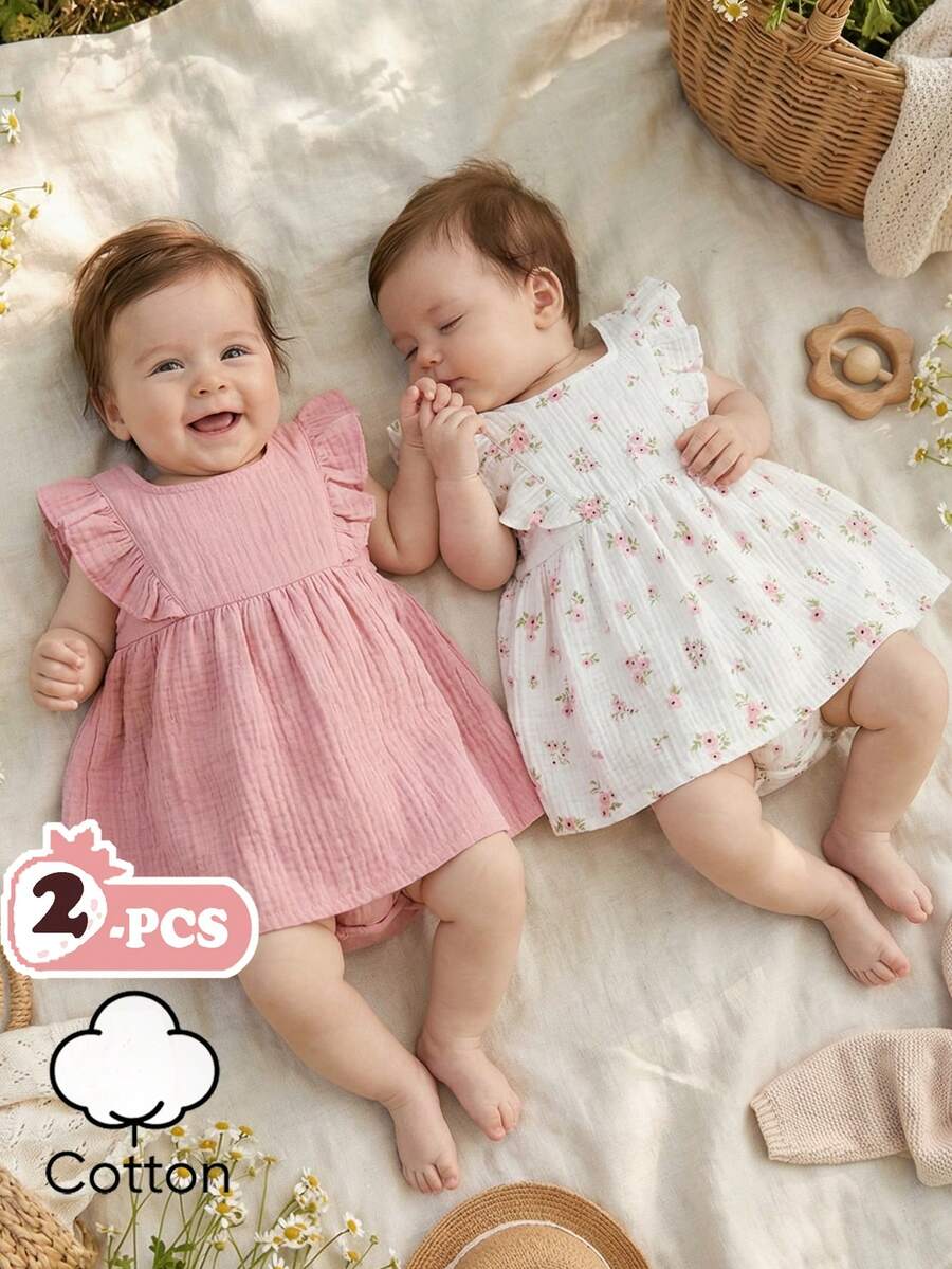 Vintaside Kids 女婴碎花连衣裙，柔软面料，乡村风格，舒适，优雅，甜美，百搭，春夏秋季皆宜，2件套/多件套装 - 粉色 - 查看 1