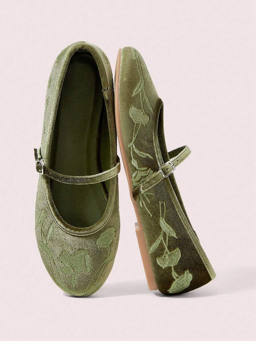 CUCCOO DOLLMOD Women's Elegant Commuter Jacquard Buckle Flats - Olive velvet - View 1