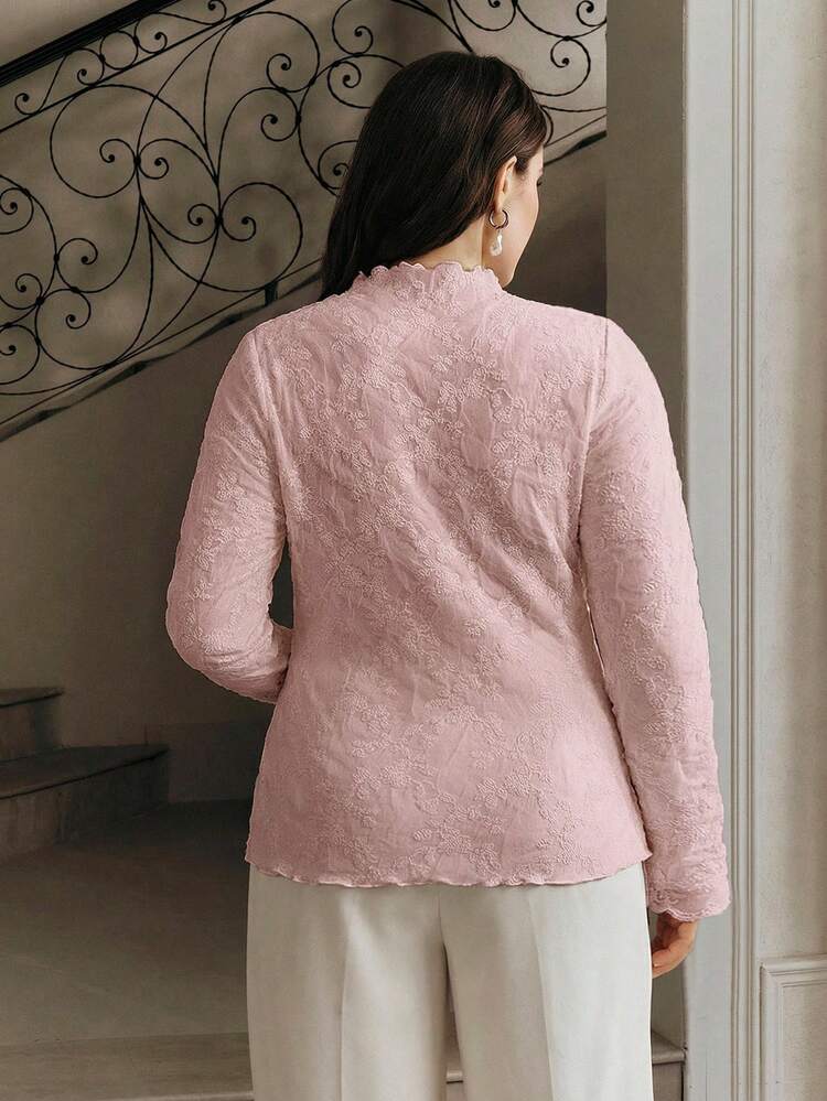 Plus Size Women Mandarin Collar Fitted Ruched Lace Long Sleeve Blouse, Versatile Pink Undershirt For Parties