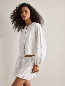 Ocili 女士舒适纯色休闲睡衣套装，上衣和短裤 - 白色 - 查看 6