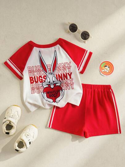 LOONEY TUNES X SHEIN 女婴字母卡通印花撞色圆领短袖T恤搭配条纹短裤休闲套装