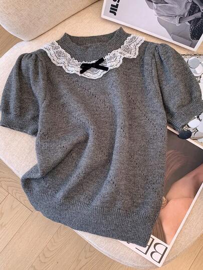 Franclia Women's Spring/Summer New Knit Sweater, French Elegant Casual Slim Fit Design Sense High-End Korean Style Lace Patchwork Bow Lantern Sleeve Pullover Knit Top