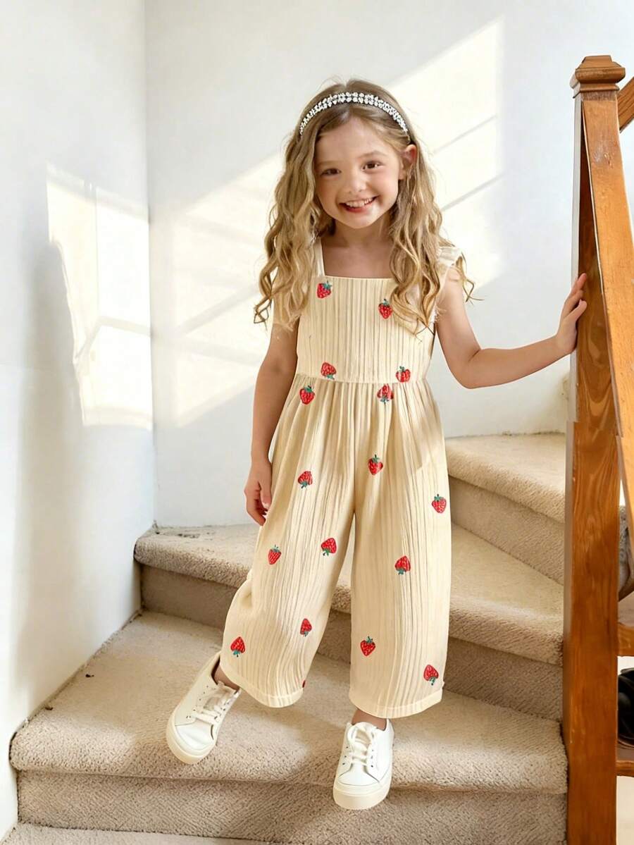 Elladie kids 1件少女白色無袖櫻桃印花連身褲,吊帶荷葉袖,紅色夏季家庭度假穿搭,可愛清新寬鬆日常穿著 - 卡其色 - 查看 1
