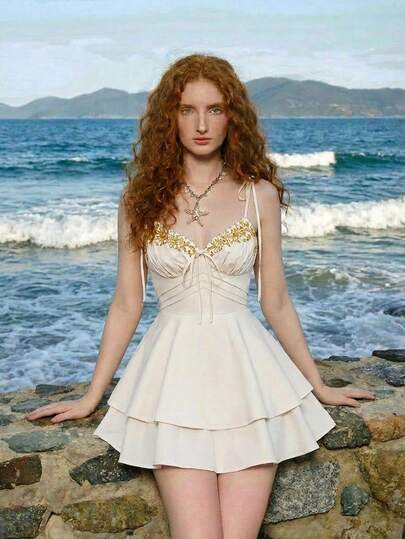 SHEIN MOD 杏色系带印花蝴蝶结褶皱连衣裙，双层下摆——70年代复古波西米亚风，适合海滩度假、约会、派对、春夏女士装、春假、度假、野餐、节日、生日等场合。