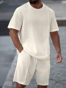 Manfinity Homme Plus Size Men's Solid Color Round Neck Short Sleeve Casual T-Shirt Set, Summer - Apricot - View 5