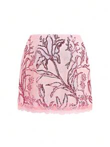 SHEIN Lavishia 女士花卉亮片撞色蕾丝侧开衩下摆时尚A字裙，粉色亮片裙，派对礼服，婚礼宾客裙，生日裙，夏季度假装，外出装，优雅套装，春季套装，复活节套装，粉色早午餐套装，新娘送礼会套装，宾客度假套装 - 粉色 - 查看 2