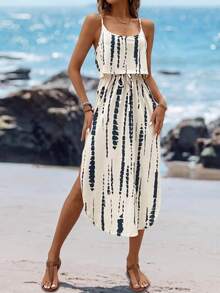 Sylviya 女士夏季亲肤扎染吊带连衣裙，配腰带和侧开衩，夏季连衣裙，春季服装，休闲 - 彩色 - 查看 6