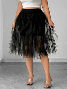 SHEIN Clasi Plus Size Women's Solid Color Asymmetric Hem Mesh Patchwork Dress, Flowing Mesh Sheer Skirt, Puff Cake Skirt, Elegant, Wedding Guest - Black - View 3