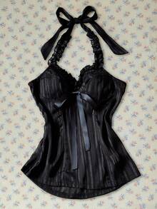 SHEIN Blusa sexy con escote halter y espalda descubierta con decoración de lazo - Negro - Ver 8
