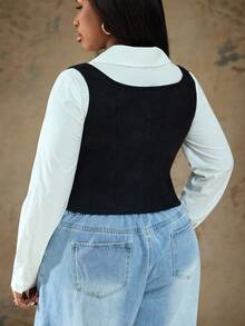 Truni 大码纯色前系带宽松休闲衬衫 - 黑色 - 查看 2