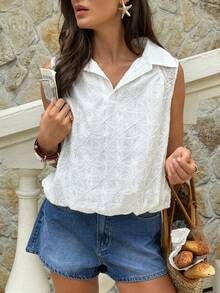 SHEIN Frenchy Women's Floral Textured Casual Sleeveless Loose Shirt,French Summer White Hollow Embroidery Collar Sleeveless Blouse, Loose Versatile Collar Design, Essential For Casual, Commute, And Vacation,Summer Top,Beach Outfits,Casual Blouses For Women,Vacation Outfits Women,Work Tops For Women,Peplum Top,White Blouse Beach Outfit For Women Conservative Top Summer Blouse For Women Summer Casual Outfits For Women Polo Blouse For Women Casual - Beige - View 3