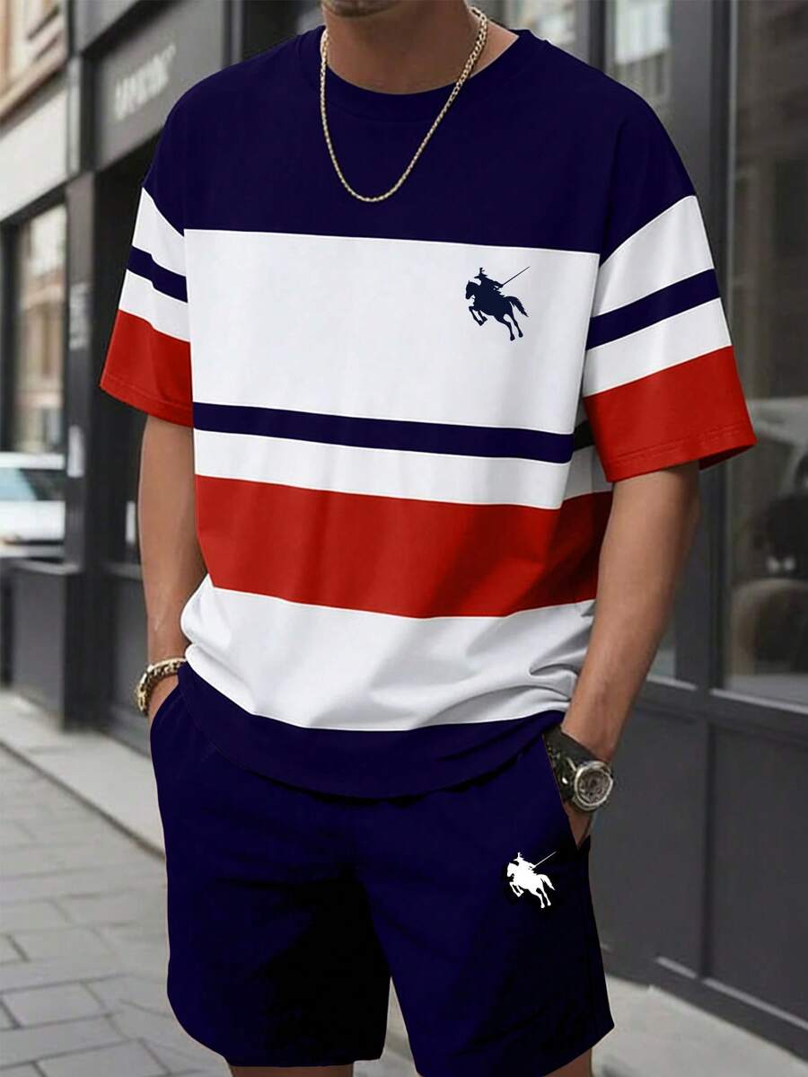 SHEIN 2件套青少年男童时尚休闲条纹印花短袖T恤和简约运动跑步短裤,适合夏季及多个季节穿着 - 藍白色 - 查看 1