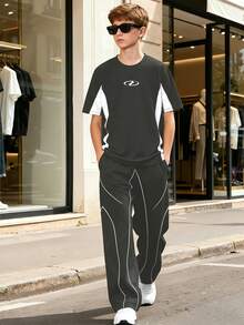 Vacaura 青少年春夏短袖长裤套装（两件套），经典黑白配色，时尚休闲舒适线条印花设计，适合户外及日常穿着。 - 彩色 - 查看 4