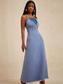 NYA SZN Đầm denim hai dây nữ kiểu dáng thanh lịch, phối tua rua, thắt eo, thích hợp cho các buổi tiệc và tụ họp. - Rửa trung bình - Xem 4