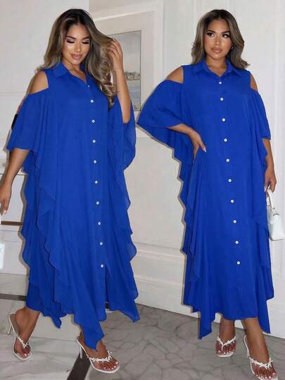 Xyvia 女士夏季克莱因蓝纯色衬衫领开襟荷叶边露肩宽松直筒休闲连衣裙，适合狂欢节、劳动节、复活节、旅行、度假、街头风等场合，春夏新款时尚必备单品，简约设计，百搭休闲度假风夏季连衣裙