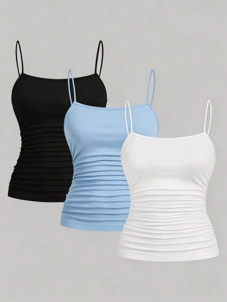 SHEIN EZwear 3件套加大码女式侧边褶皱无袖吊带背心，适合夏季穿着 - 彩色 - 查看 1