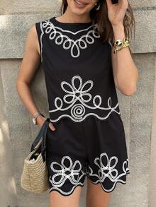 Solivie 女士舒适刺绣套装，优雅适合度假、外出和派对，春夏皆宜 - 黑色 - 查看 4