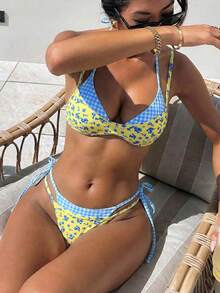 Swim Mod 女士新款格子碎花比基尼套装，两件式泳衣，适合泳池、度假、海滩、夏季穿着 - 藍色 - 查看 1