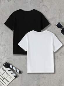 SHEIN Camiseta casual de manga corta y cuello redondo con estampado de letras para adolescentes - Multicolor - Ver 2