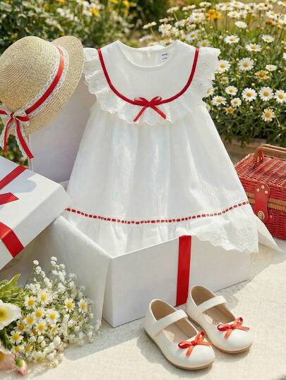 Souflis Souflis Baby Girls' Summer New White Textured Flutter Sleeve Ruffle Collar Red Trim Bow Decor Back Button Closure Casual Princess Dress White Baby Girl Dress