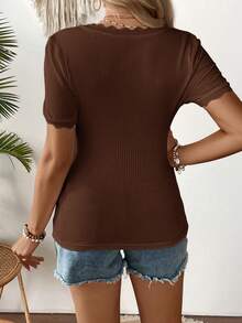 SHEIN Maternity Summer Casual Solid Color Shell Trim Short Sleeve Top - Coffee Brown - View 2
