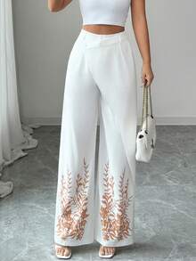 SHEIN Elenzya Women's Elegant Positioned Floral Print White Asymmetrical Asymmetric Hem Pants, Suitable For Dates, Everyday Wear, Work, Casual, Vacation, White Wide Leg Pants Women, White Pants - White - View 5