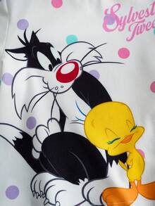 LOONEY TUNES X SHEIN 女婴波点卡通印花短袖T恤和短裤休闲套装 - 淺粉色 - 查看 5