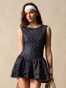VARSIVA Women's Polka Dot Backless Sleeveless Sports Dress With Shorts - Black - View 14