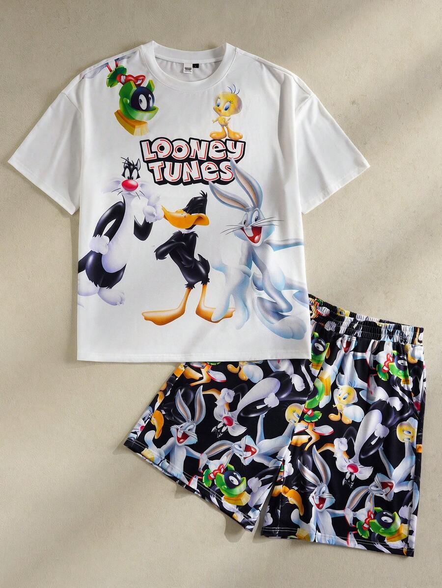 LOONEY TUNES X SHEIN Men's Cute Cartoon Print Short Sleeve T-Shirt And Shorts Pajama Set, Summer - Black and White - View 1
