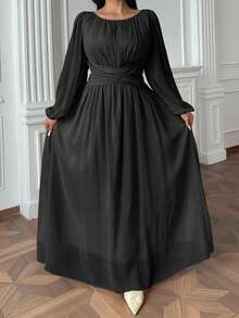 Vibekara 优雅法式雪纺褶皱A字高腰及踝连衣裙，杏色，加大码 - 黑色 - 查看 7