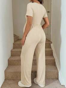 SHEIN Pregnant Women's Plain Color Patchwork Front Button Tie Waist Casual Jumpsuit - Apricot - View 2