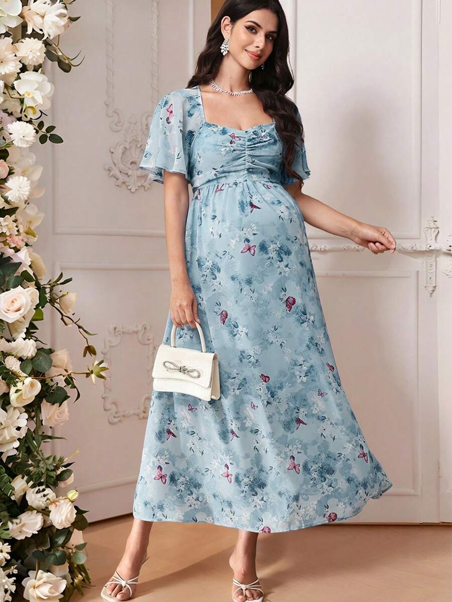 SHEIN 夏季孕妇优雅印花褶皱胸部连衣裙 - 淺藍色 - 查看 1