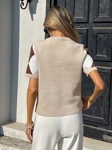 SHEIN PariChic Women's Casual Commuter Colorblock Diamond Pattern Short Sleeve Cardigan - White - View 2