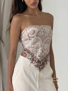 Aloruh Áo croptop in họa tiết khăn choàng mùa xuân/hè dành cho nữ, kiểu áo quây ống phong cách Bohemian với dây đeo thắt nơ, thích hợp cho các lễ hội âm nhạc. - Nhiều màu - Xem 8