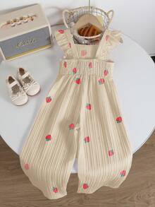 Elladie kids 1件少女白色無袖櫻桃印花連身褲，吊帶荷葉袖，紅色夏季家庭度假穿搭，可愛清新寬鬆日常穿著 - 卡其色 - 查看 2